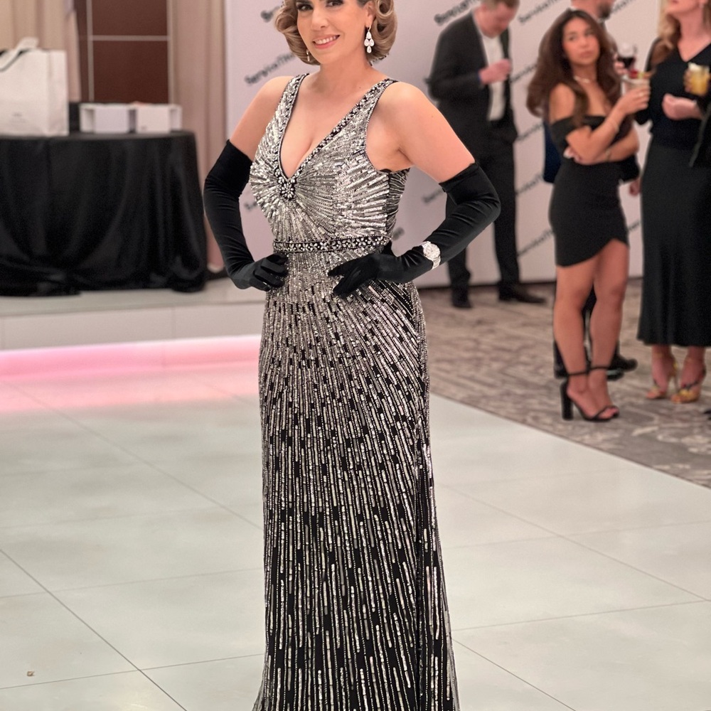 Mac Duggal Silver and Black Embellished Sleeveless Gown